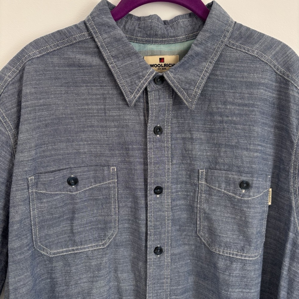 Woolrich Shirt Men's Sz XXL‎ Blue Cotton Chambray Short Sleeve Button Up - Picture 2 of 9